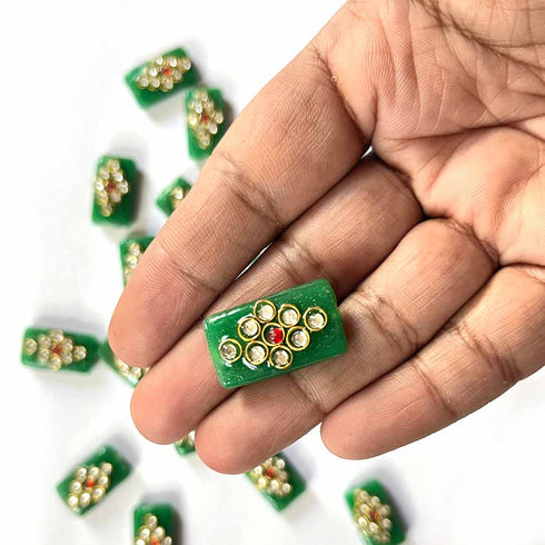 Green Color Rectangle Shape Beads With Kundan Work Pack Of 6
